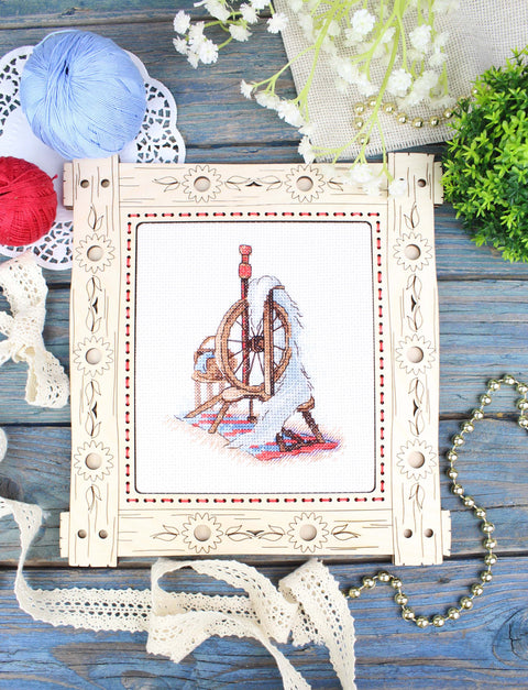 Cross Stitch Kit with Spinning Wheel Design, MP Studia, 13 x 11 cm, Beginner-Friendly Traditional Embroidery Project