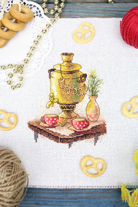 Cross Stitch Kit Tea Party Design, 13 x 11 cm, Multicolor, MP Studia