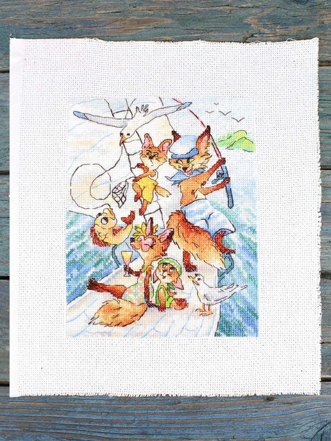 Cross Stitch Kit Sea Trip, 14 Count Aida Canvas, 20 × 16 cm, 26-Color Kirov Embroidery Floss, Sea and Animal Design