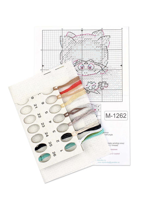 Cat Cross Stitch Kit, Miniature 7x7 cm Animal Design, 14 Count Cotton Canvas, 15 Colors, MP Studia