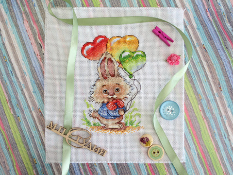 Cross Stitch Embroidery Kit, Bunny With Balloons, MP Studia, Canvas, Threads, Needle and Instructions, Beginner or Advanced Project