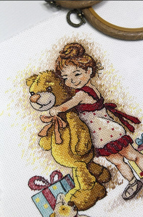 Cross Stitch Kit Girl with Teddy Bear, MP Studia, Aida Canvas, Cotton Threads, Needle, Color Pattern and Instructions, Beginner Friendly