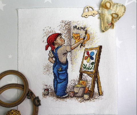 Cross Stitch Kit Boy Artist Design, Multicolor Embroidery Set with Fabric, Threads, Needle and Pattern by MP Studia