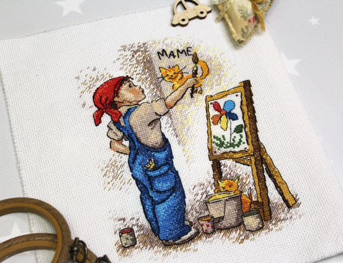 Cross Stitch Kit Boy Artist Design, Multicolor Embroidery Set with Fabric, Threads, Needle and Pattern by MP Studia