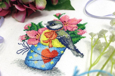 Cross Stitch Embroidery Kit with Spring Titmouse Design, MP Studia, Canvas, Threads, Needle, Chart and Instructions