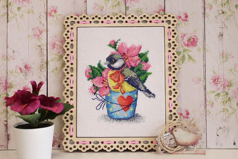Cross Stitch Embroidery Kit with Spring Titmouse Design, MP Studia, Canvas, Threads, Needle, Chart and Instructions
