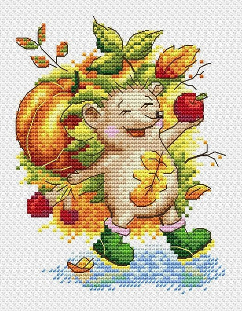 Cross Stitch Kit Autumn Hedgehog, MP Studia, Aida Canvas, Cotton Threads, Needle, Color Chart and Instructions