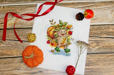 Cross Stitch Kit Autumn Hedgehog, MP Studia, Aida Canvas, Cotton Threads, Needle, Color Chart and Instructions