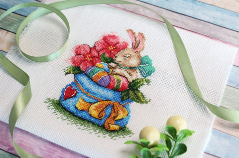 Rabbit Among Flowers Cross Stitch Kit, MP Studia, Aida Cotton Fabric, Cotton Floss, Beginner-Friendly Embroidery Set
