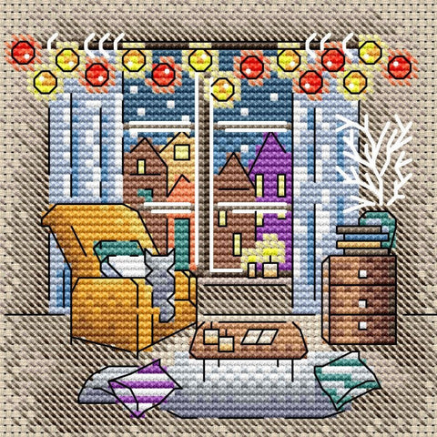 Cross Stitch Kit “Cozy Corner” with Clear Pattern, Interior Design Motif, Materials and Instructions by MP Studia