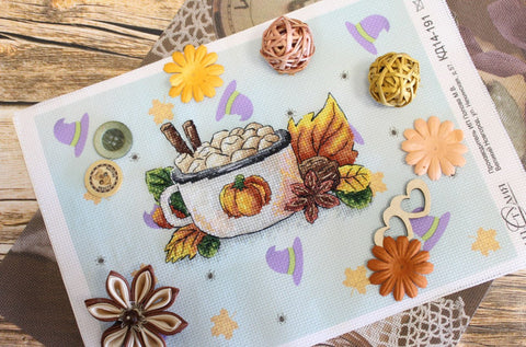 Pumpkin Latte Cross Stitch Kit, Autumn Themed Embroidery Set for Beginners and Experienced Crafters, MP Studia