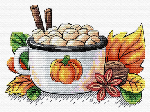 Pumpkin Latte Cross Stitch Kit, Autumn Themed Embroidery Set for Beginners and Experienced Crafters, MP Studia