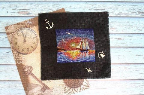 Sea-Themed Cross Stitch Kit “In the Open Sea” with Aida Fabric, Cotton Threads, Needle and Pattern by MP Studia