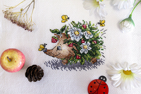 Spring Hedgehog Cross Stitch Kit, Colorful Design, Aida Fabric, Cotton Threads, MP Studia, Beginner to Advanced Embroidery Kit