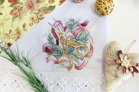 Cross Stitch Embroidery Kit with Scissors Motif, MP Studia, Aida Fabric, Cotton Threads, Multicolor Sewing Craft Design