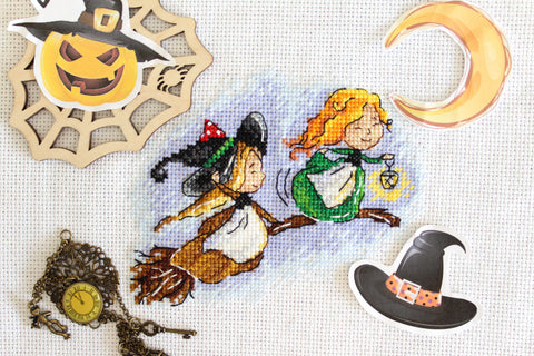 Cross Stitch Kit Witch Flying on a Broom, MP Studia Aida Canvas, Cotton Threads, Lithuanian and English Instructions