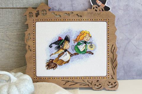Cross Stitch Kit Witch Flying on a Broom, MP Studia Aida Canvas, Cotton Threads, Lithuanian and English Instructions