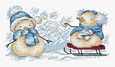 Cross Stitch Kit with Snowmen Design, Winter Embroidery Set, MP Studia, Cotton Threads, Canvas, Needle and Chart