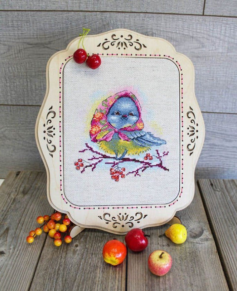 Cross Stitch Kit with Titmouse Bird Design, MP Studia, Cotton Threads, Fabric, Needle and Color Chart