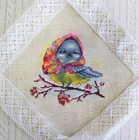 Cross Stitch Kit with Titmouse Bird Design, MP Studia, Cotton Threads, Fabric, Needle and Color Chart