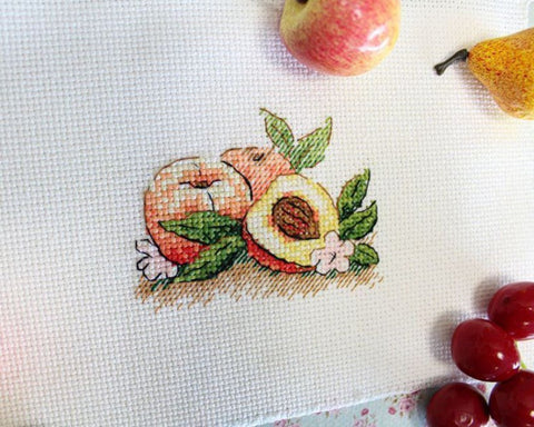 Cross Stitch Kit with Peach Motif, MP Studia, Aida Fabric, Cotton Threads, Needle, Chart and Instructions, Pastel Colors DIY Decor