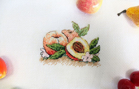 Cross Stitch Kit with Peach Motif, MP Studia, Aida Fabric, Cotton Threads, Needle, Chart and Instructions, Pastel Colors DIY Decor