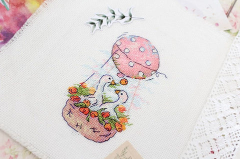 Cross Stitch Embroidery Kit with Romantic Motif, Aida Fabric, Cotton Threads, Needle, Color Chart and Instructions by MP Studia