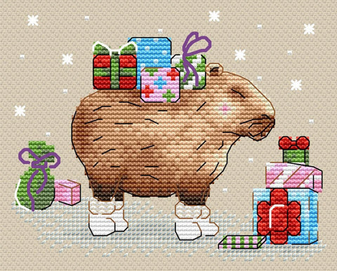 Capybara Cross Stitch Kit, Multicolor Embroidery Kit with Canvas, Cotton Threads, Needle and Pattern by MP Studia