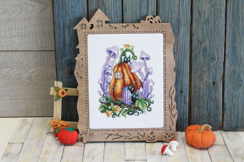 Cross Stitch Kit with Pumpkin House Design, 19x14 cm, Beginner-Friendly Autumn Craft Set by MP Studia