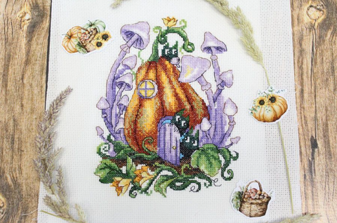 Cross Stitch Kit with Pumpkin House Design, 19x14 cm, Beginner-Friendly Autumn Craft Set by MP Studia