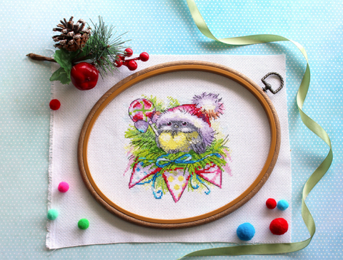 Winter Bird Cross Stitch Kit, 15 x 14 cm Design, Natural Winter Tones, MP Studia Embroidery Kit for Home Decor