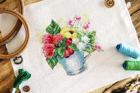 Cross Stitch Embroidery Kit Summer Bouquet, MP Studia, Complete Set with Needle and Color Chart