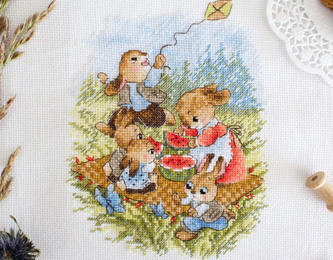 Cross Stitch Embroidery Kit, Watermelon Picnic Design, Summer Theme, Fabric, Threads, Needle, Chart and Instructions by MP Studia