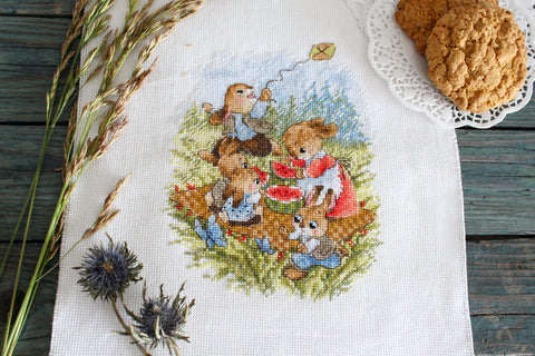 Cross Stitch Embroidery Kit, Watermelon Picnic Design, Summer Theme, Fabric, Threads, Needle, Chart and Instructions by MP Studia