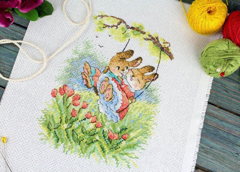 Cross Stitch Kit with Winged Swings Design, Aida Cloth, Cotton Floss, Needle and Pattern, MP Studia DIY Embroidery Set
