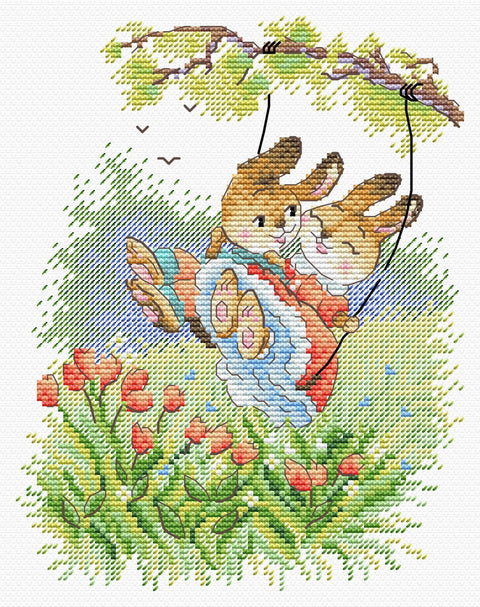 Cross Stitch Kit with Winged Swings Design, Aida Cloth, Cotton Floss, Needle and Pattern, MP Studia DIY Embroidery Set