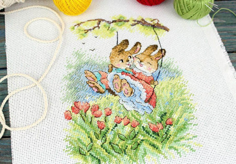 Cross Stitch Kit with Winged Swings Design, Aida Cloth, Cotton Floss, Needle and Pattern, MP Studia DIY Embroidery Set