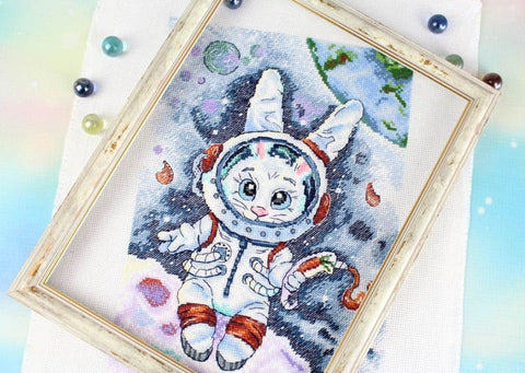 Moon Rabbit Cross Stitch Kit with Pattern, Aida Fabric, Cotton Floss and Needle by MP Studia, Embroidery Set for Beginners and Advanced Crafters