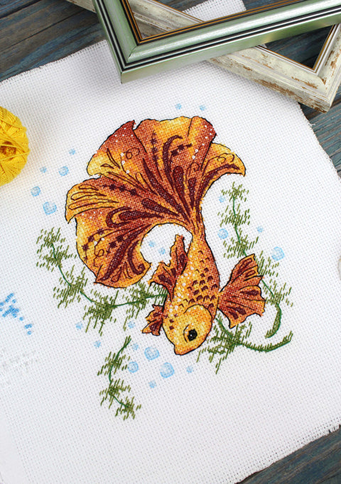 Cross Stitch Kit Magic Fish, MP Studia, 17 x 15 cm, Multicolor Aida Canvas, Embroidery Threads, Needle, Pattern and Instructions