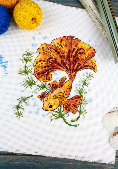 Cross Stitch Kit Magic Fish, MP Studia, 17 x 15 cm, Multicolor Aida Canvas, Embroidery Threads, Needle, Pattern and Instructions