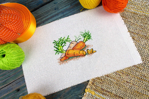 Cross Stitch Kit with Carrot Motif, MP Studia Embroidery Set with Fabric, Threads, Needle, Pattern and Instructions, Orange and Green