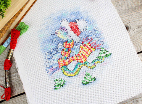 Cross Stitch Kit Winter Snowy Landscape, Complete Set by MP Studia with Thread, Needle, Pattern and Instructions