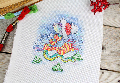 Cross Stitch Kit Winter Snowy Landscape, Complete Set by MP Studia with Thread, Needle, Pattern and Instructions