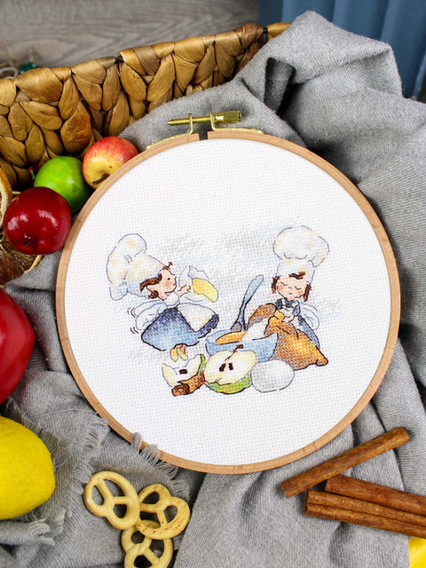 Cross Stitch Kit Kitchen Chefs, 10x13 cm, 14 Count White Fabric, 19 Colors, MP Studia, Makosh Pattern and Needle