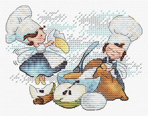 Cross Stitch Kit Kitchen Chefs, 10x13 cm, 14 Count White Fabric, 19 Colors, MP Studia, Makosh Pattern and Needle