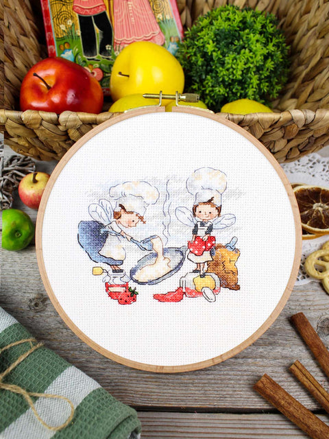 Cross Stitch Embroidery Kit, Fairy Kitchen Scene, 10x12 cm, 14-Count White Canvas, MP Studia, 21 Kirov Thread Colors