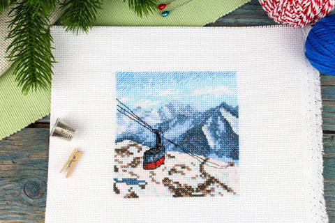 Cross Stitch Kit Mountain Landscape, MP Studia, 11x11 cm, Cotton Aida Fabric, Multicolor Threads, Beginner-Friendly DIY Craft