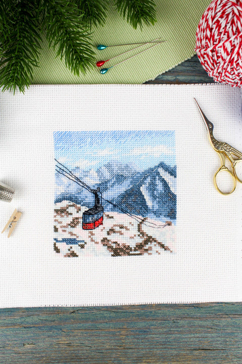 Cross Stitch Kit Mountain Landscape, MP Studia, 11x11 cm, Cotton Aida Fabric, Multicolor Threads, Beginner-Friendly DIY Craft