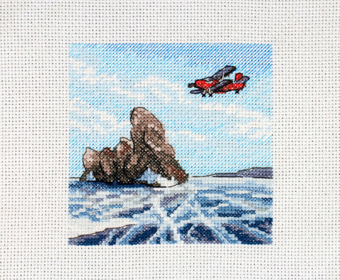 Cross Stitch Kit, Winter Frozen Lake Landscape, MP Studia, 11×11 cm, Aida Canvas, Multicolor, Beginner Friendly