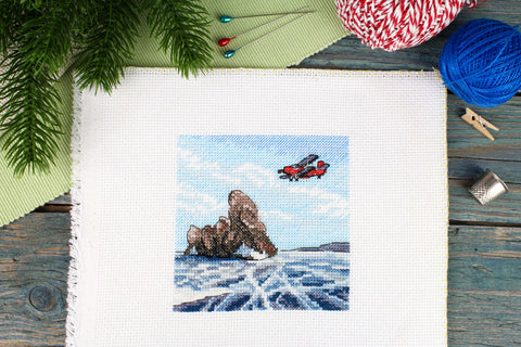 Cross Stitch Kit, Winter Frozen Lake Landscape, MP Studia, 11×11 cm, Aida Canvas, Multicolor, Beginner Friendly